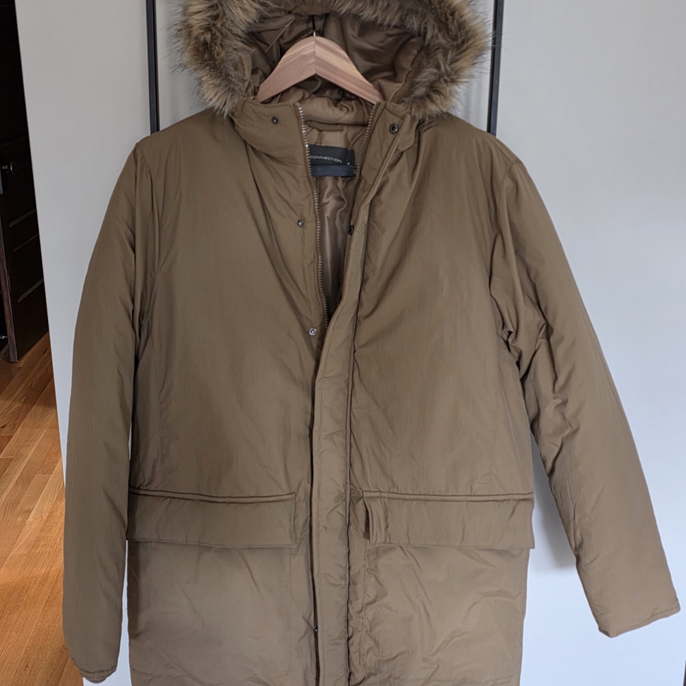 French Connection Tan Puffer Jacket with Faux Fur Hood